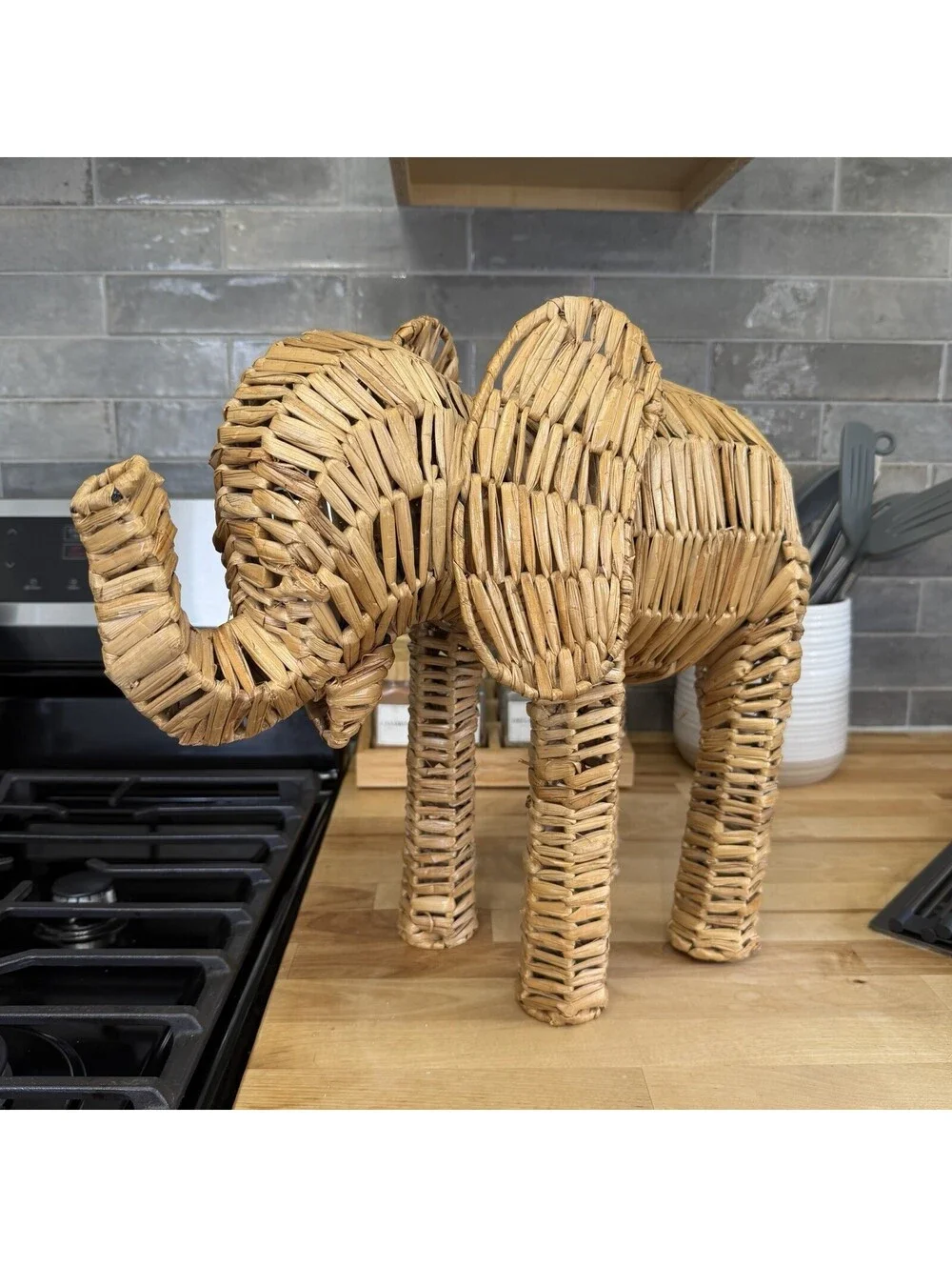 MCM 15” Woven Wicker Elephant Statue Decor Vintage Handmade Safari